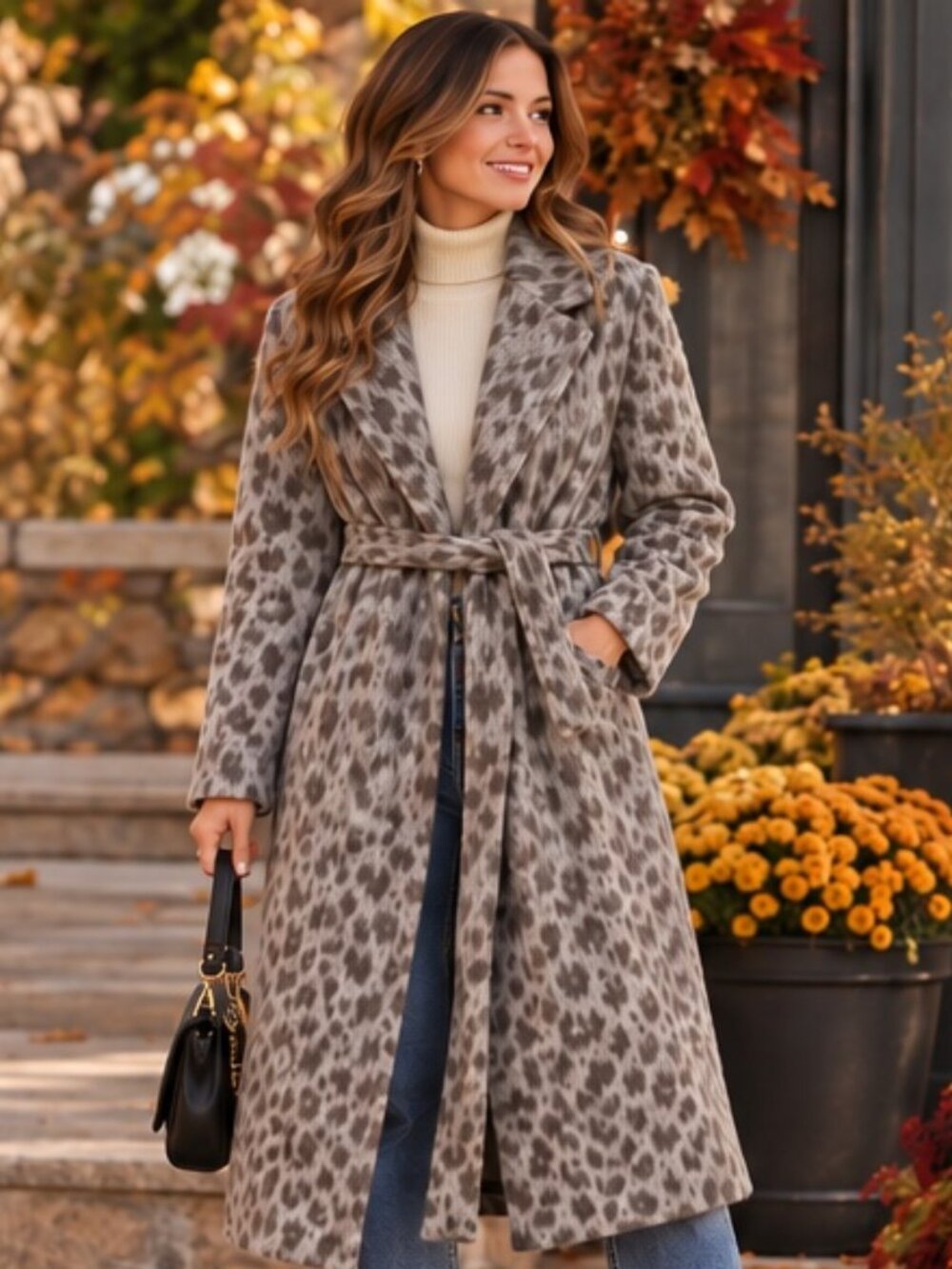 Old Navy Women’s Size Medium Grey Leopard Print Belted Wrap Coat